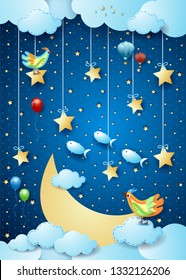 Surreal night with big moon, birds, balloons and flying fishes. Vector illustration eps10