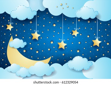 Surreal night with big moon and hanging stars. Vector illustration 