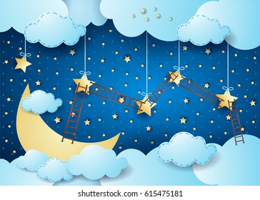 Surreal night with big moon and ladders, vector illustration