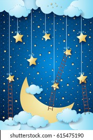 Surreal night with big moon and ladders, vector illustration 