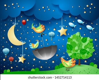 Surreal night with big tree, flying umbrella and fishes. Vector illustration eps10