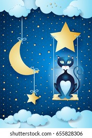 Surreal night with black cat and swing, vector illustration