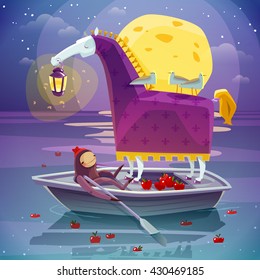 Surreal night dream image of horse with girl in boat with big yellow moon background poster vector illustration  