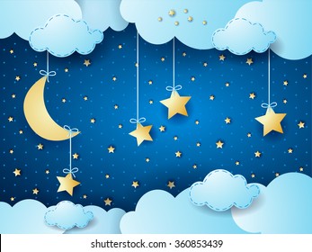 Surreal Night, Fantasy Cloudscape. Vector Illustration 