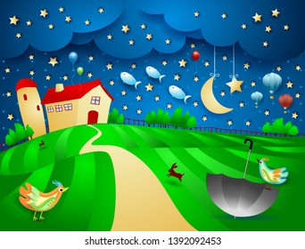 Surreal night with farm, umbrella and flying fishes. Vector illustration eps10