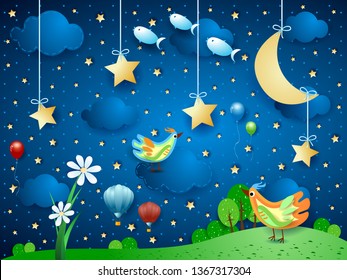 Surreal night with flower, birds, balloons and flying fishes. Vector illustration eps10