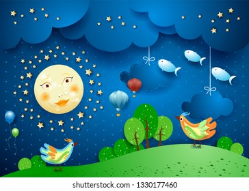 Surreal night with full moon, birds, balloons and flying fisches. Vector illustration eps10