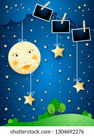 Surreal night with full moon, hanging stars and photo frames. Vector illustration eps10