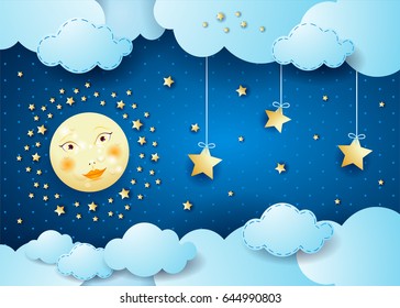 Surreal night with full moon and hanging stars. Vector illustration