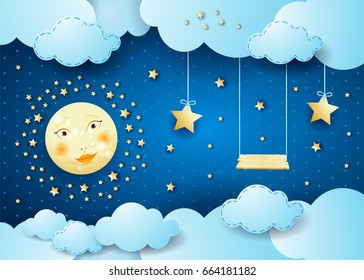 Surreal night with full moon, hanging stars and swing. Vector illustration 