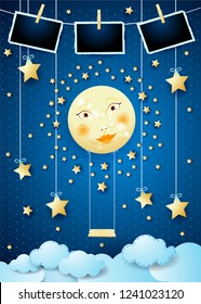 Surreal night with full moon, swing and photo frames. Vector illustration eps10