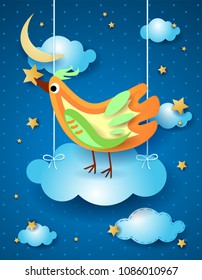 Surreal night with hanging cloud and bird, vector illustration eps10
