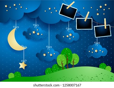 Surreal night with hanging clouds, moon and photo frames. Vector illustration eps10