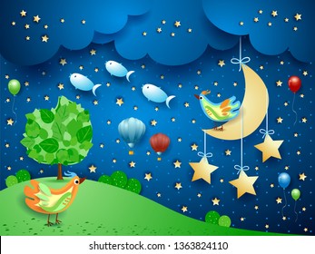Surreal night with hanging moon, birds, balloons and flying fishes. Vector illustration eps10