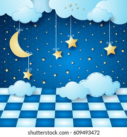 Surreal night with hanging moon, clouds and floor. Vector illustration 