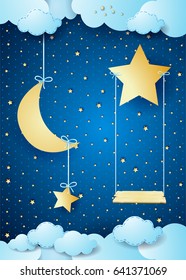Surreal night with hanging moon and seesaw. Vector illustration