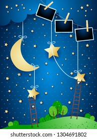 Surreal night with hanging moon, stairways and photo frames. Vector illustration eps10