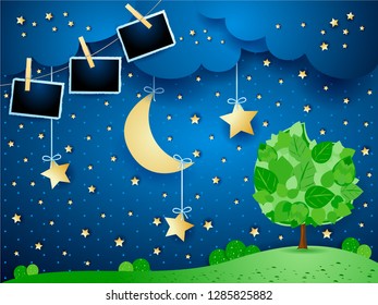 Surreal night with hanging moon and stars, tree and photo frames. Vector illustration eps10