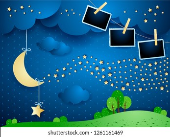 Surreal night with hanging moon, wave of stars and photo frames. Vector illustration eps10