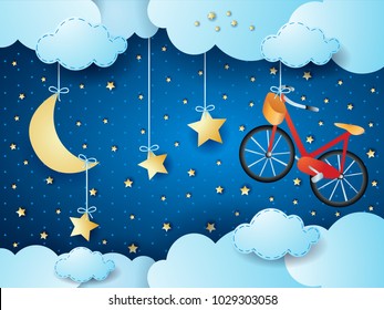 Surreal night with hanging stars and bike. Vector illustration eps10