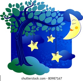 surreal night landscape with tree and stars, vector