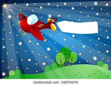 Surreal night with lights, airplane and banner. Vector illustration