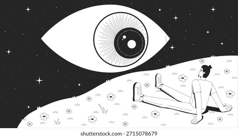 Homem da noite surreal observando o contorno da ilustração do olho cósmico lofi. Cara olhando para a colina sob o céu estrelado com olho gigante esotérico 2D tinta linear plana lo fi desenho. Papel de parede estético da arte vetorial