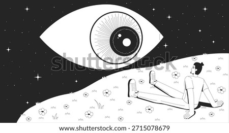 Surreal night man observing cosmic eye lofi illustration outline. Guy stargazing on hill under starry sky with esoteric giant eye 2D ink linear flat lo fi drawing. Vector line art aesthetic wallpaper