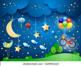 Surreal night with moon, hanging bike, balloons, birds and flying fisches. Vector illustration eps10