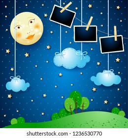 Surreal night with moon and photo frames. Vector illustration eps10