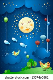 Surreal night with moonlight, birds, balloons and flying fishes. Vector illustration eps10