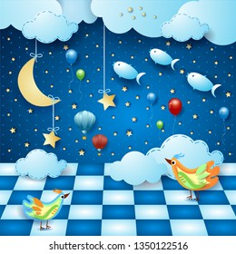 Surreal night with room, moon, balloons, birds and flying fishes. Vector illustration eps10