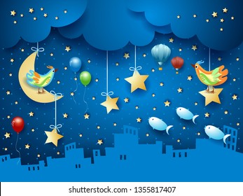 Surreal night with skyline, birds, balloons and flying fishes. Vector illustration eps10