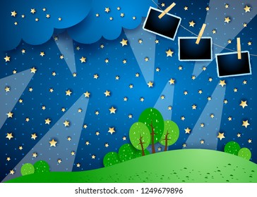 Surreal night with spotlights and photo frames, vector illustration eps10