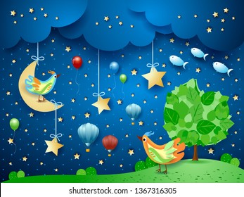 Surreal night with tree, birds, balloons and flying fishes. Vector illustration eps10