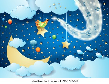 Surreal night with wave of sparkles, musical nte and bird. Vector illustration eps10
