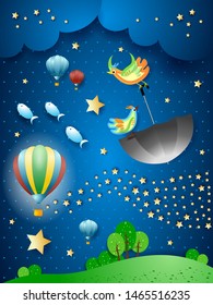 Surreal night with wave of stars, flying umbrella and fishes. Vector illustration eps10