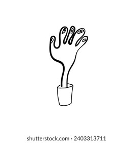 surreal object -- hand with eyes instead of nails in flower pot, vector line art