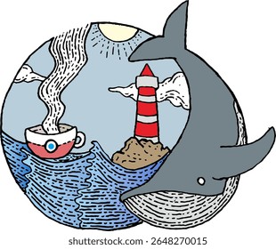 Surreal Ocean Doodle with Whale, Lighthouse, and Coffee Cup