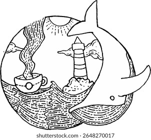 Surreal Ocean Doodle with Whale, Lighthouse, and Coffee Cup Black and White