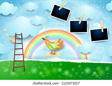 Surreal paper landscape with swing, bird and photo frames. Vector illustration eps10