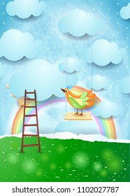 Surreal paper landscape with swing and colorful bird. Vector illustration eps10