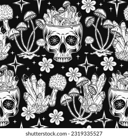 Surreal pattern with human skull, crystals, mushrooms and stars Concept of sacred spirit, magic, extended mind. Psychedelic surreal illustration. For prints, clothing, t shirt, textile, surface design