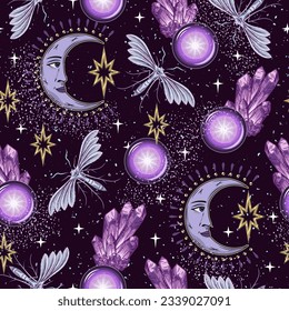 Patrón surrealista con bola mágica, esfera, cristales, luna creciente, mariposa, polvo de acero. Concepto de espíritu sagrado, misterio. Ilustración sobrenatural de productos lácteos para impresiones, prendas de vestir, camisetas, diseño textil