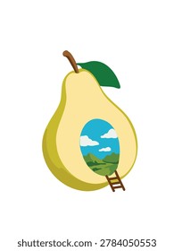 surreal pear with landscape inside isolated on white background illustration design