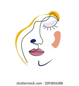 Surreal person's face is outlined just by one continuous line. Fashion and beauty concept. line art style image of people. Vector illustration isolated on white background.