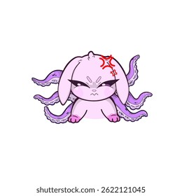 A surreal pink bunny with octopus tentacles, displaying a furious and intense expression. Its eyes are narrowed, and its posture radiates anger and tension.
