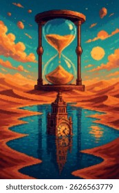 A surreal pixel art hourglass standing over a desert river reflecting a clock tower. A dreamy fantasy landscape for storytelling or retro adventure games.