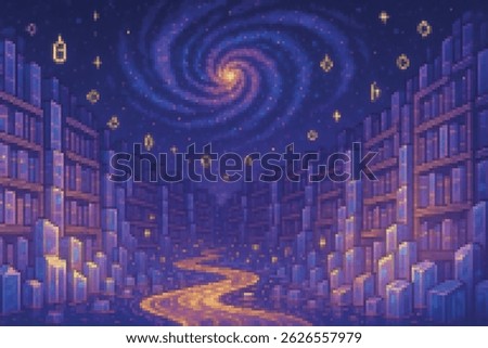 Surreal pixel art library under a cosmic sky with a glowing spiral galaxy above. Shelves of books, floating lanterns, and a magical golden path make this a perfect fantasy backdrop.