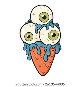 A surreal and playful illustration of a melting pink ice cream cone with multiple creepy-cute eyeballs.